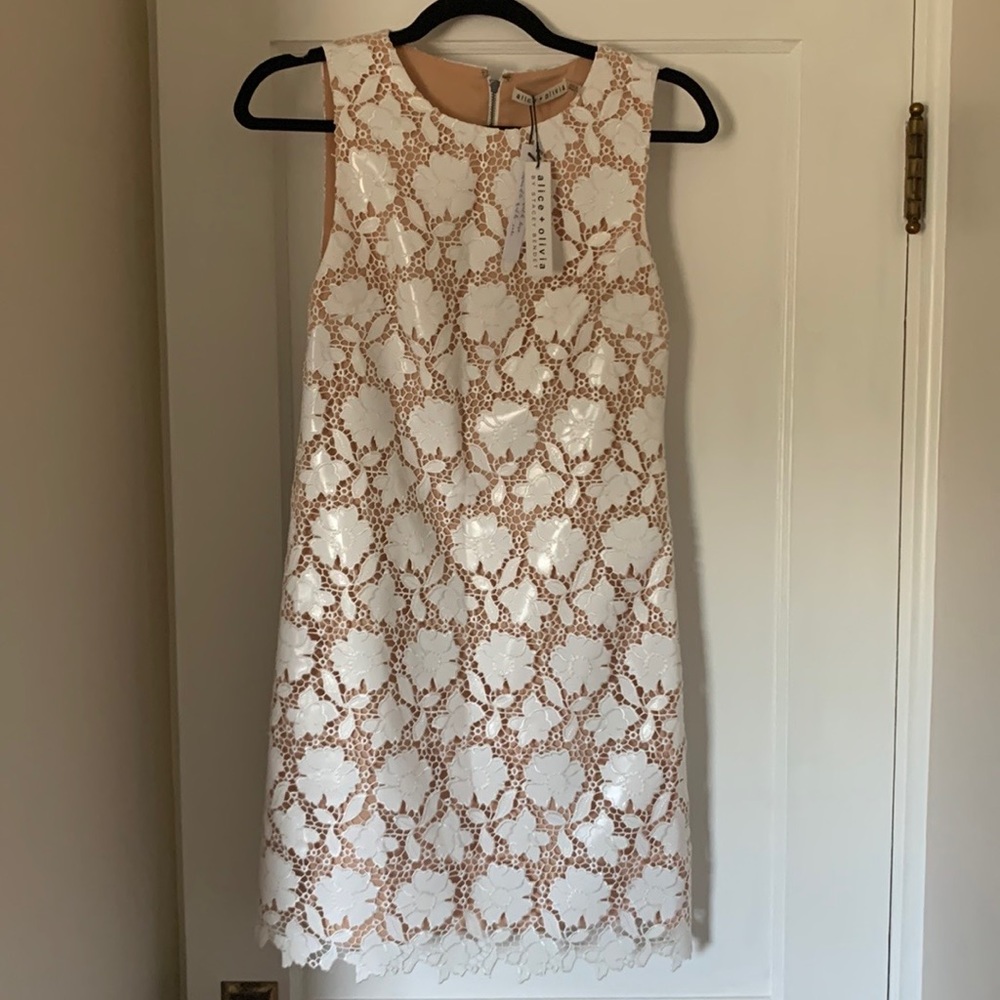 Alice + Olivia White Lace Overlay Dress with Nude Lining